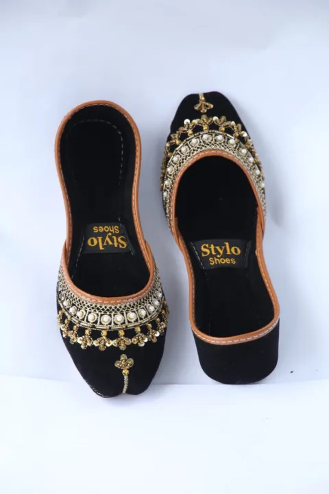 [sohailfreelancer.store] Black Velvet Fancy Khussa with Golden Work